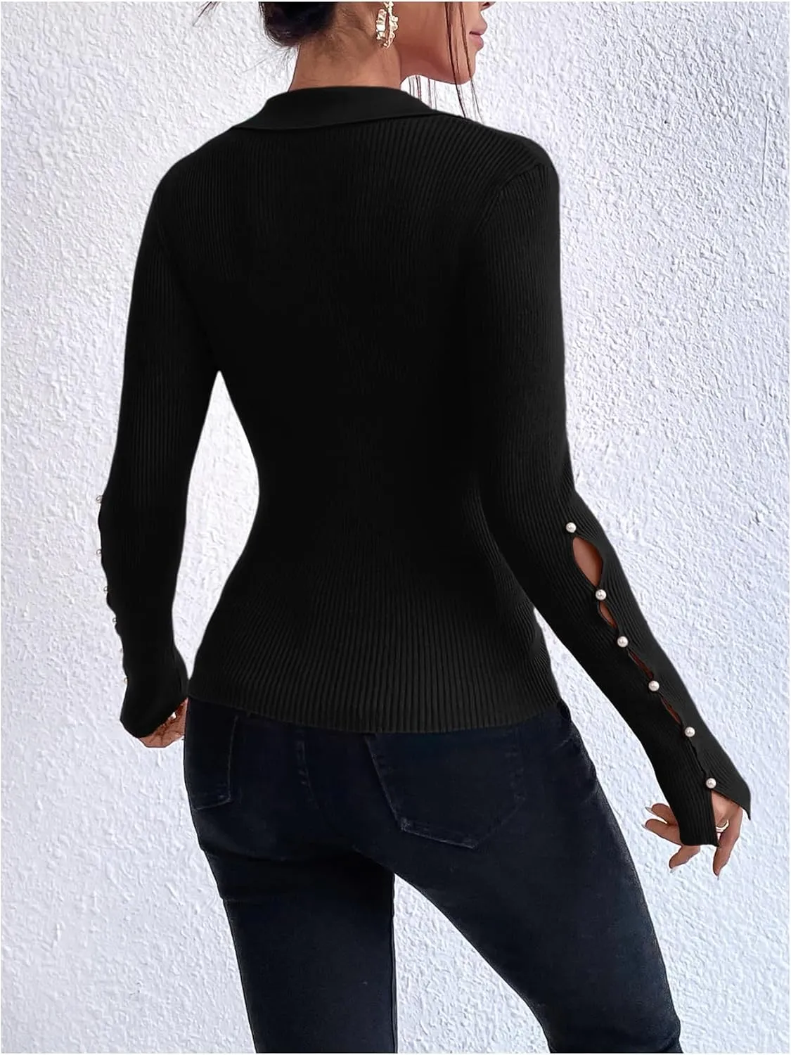 Verdusa Women's Pearl Sweaters Split Long Sleeve Collar V Neck Fitted Pullovers