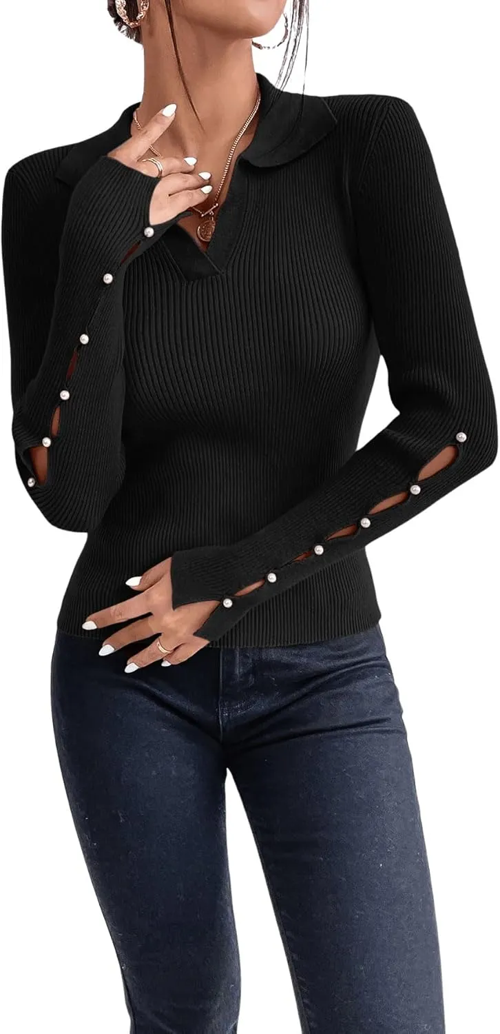 Verdusa Women's Pearl Sweaters Split Long Sleeve Collar V Neck Fitted Pullovers