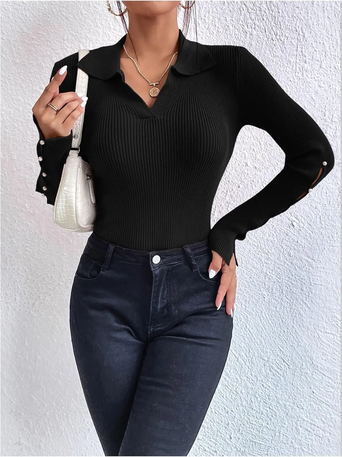 Verdusa Women's Pearl Sweaters Split Long Sleeve Collar V Neck Fitted Pullovers