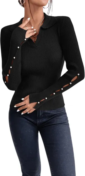 Verdusa Women's Pearl Sweaters Split Long Sleeve Collar V Neck Fitted Pullovers
