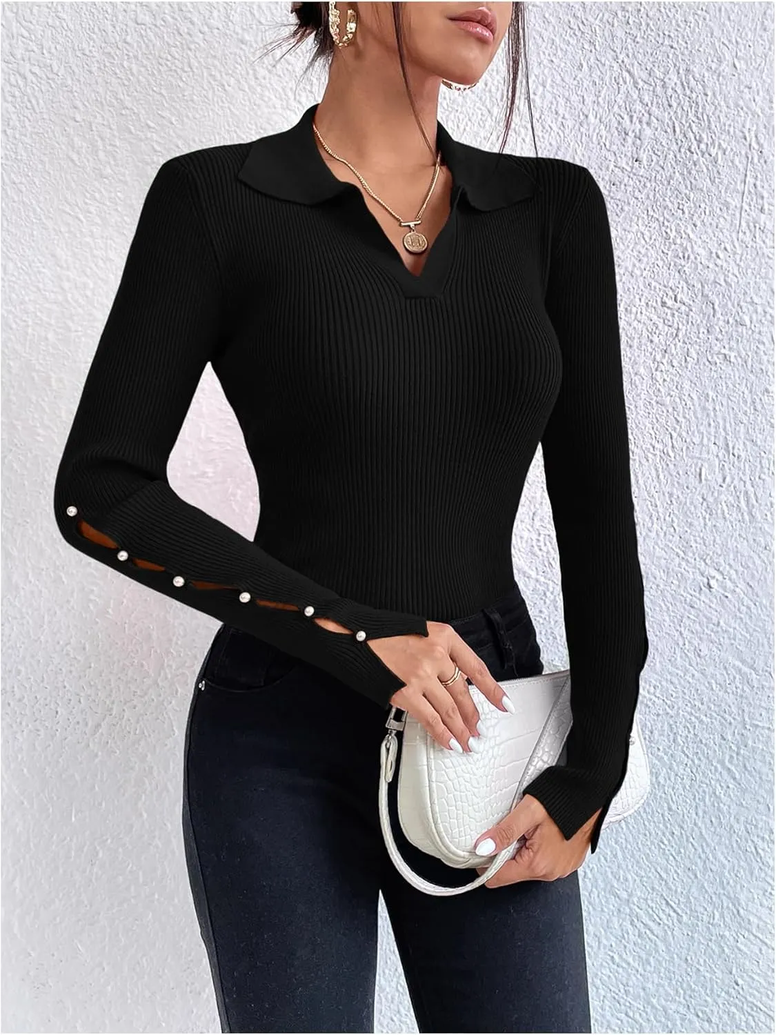 Verdusa Women's Pearl Sweaters Split Long Sleeve Collar V Neck Fitted Pullovers
