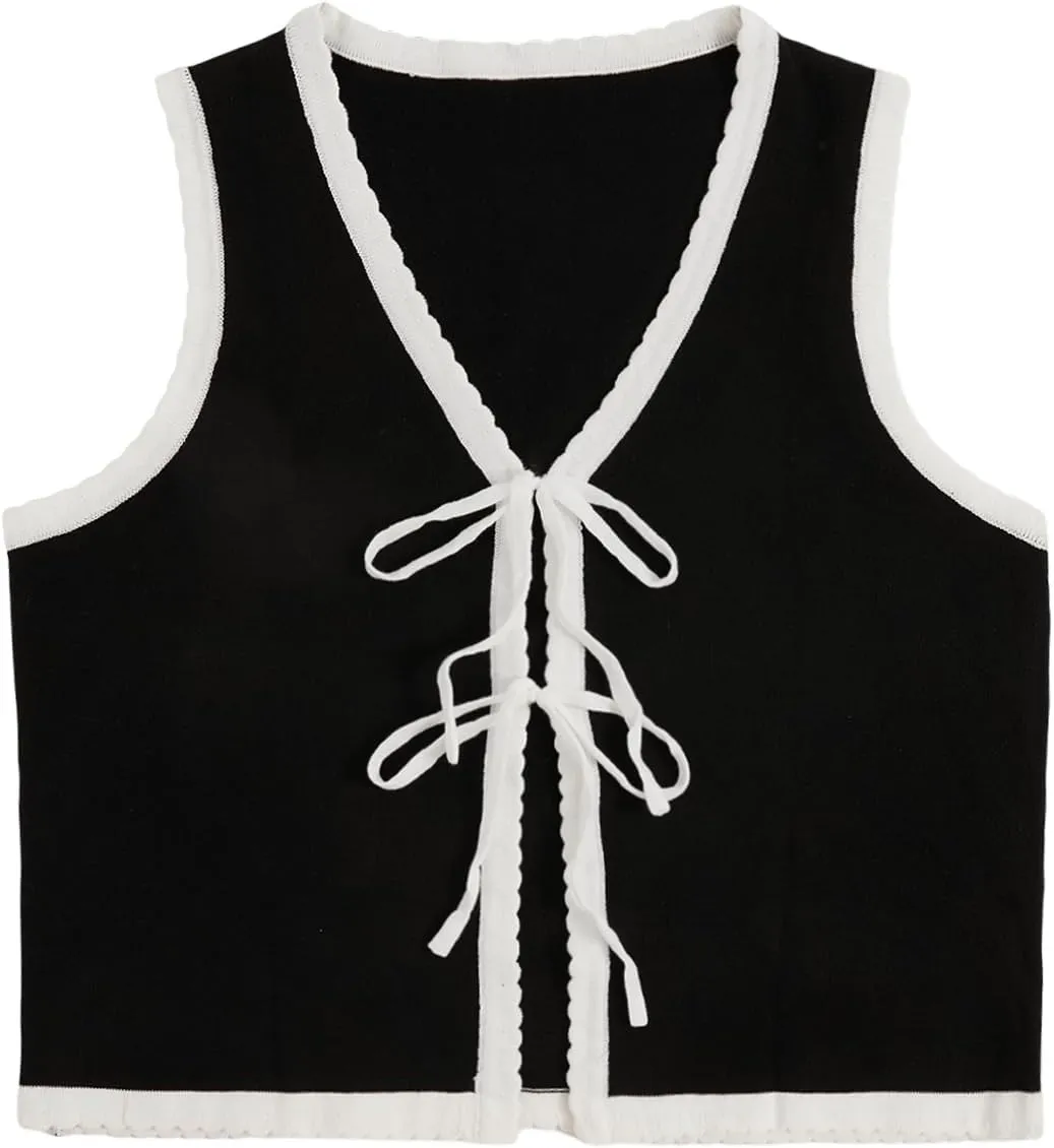 Verdusa Women's Plus Size Bow Tie Front Cardigans Color Block Sweaters Sleeveless Old Money Vest Tops
