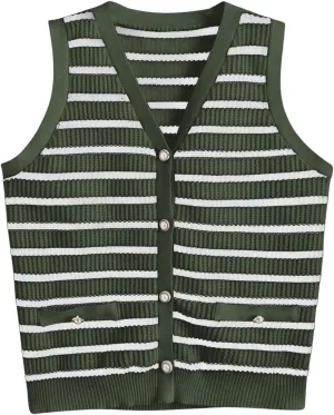 Verdusa Women's Sweater Vest Old Money Trendy Tops Striped Print Button Front Sleeveless Knit Sweaters