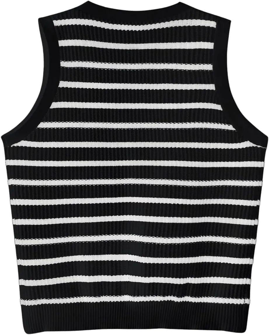 Verdusa Women's Sweater Vest Old Money Trendy Tops Striped Print Button Front Sleeveless Knit Sweaters
