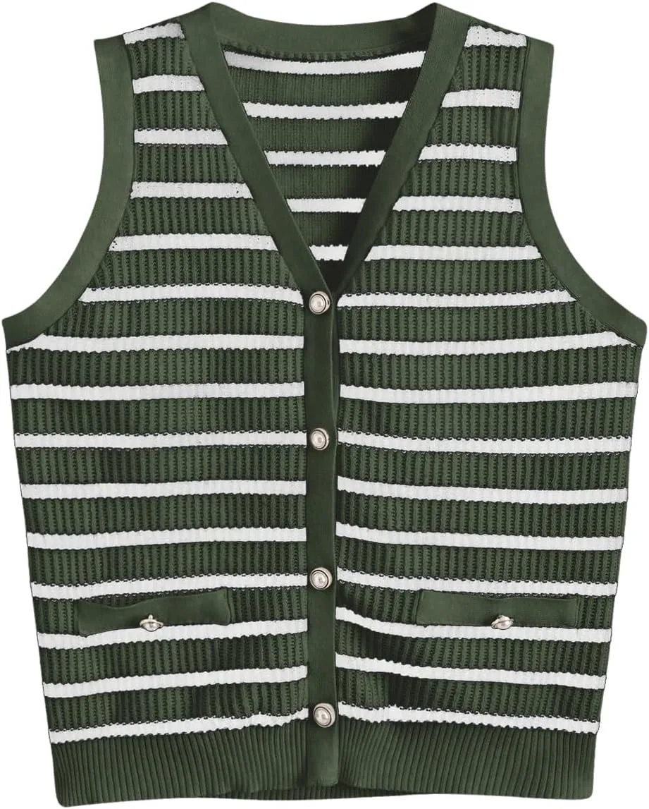 Verdusa Women's Sweater Vest Old Money Trendy Tops Striped Print Button Front Sleeveless Knit Sweaters
