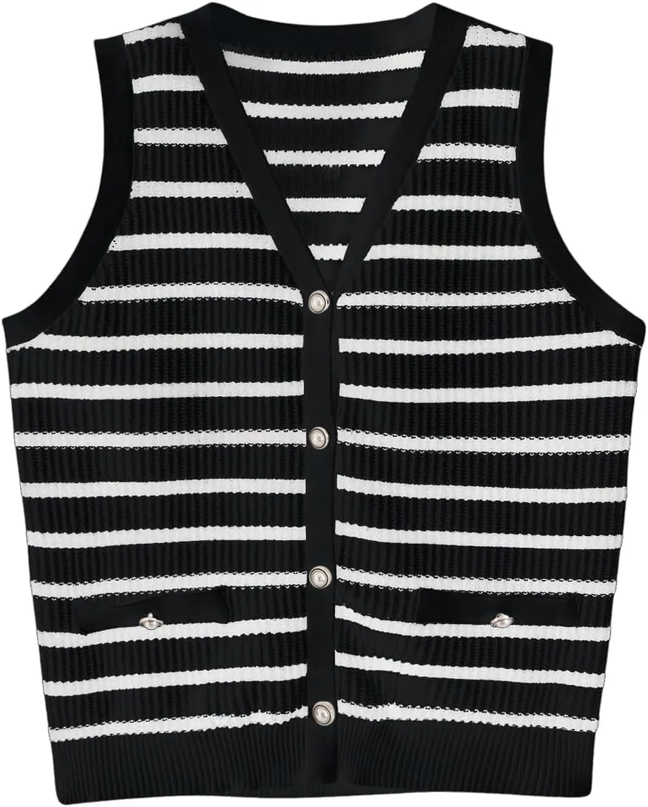 Verdusa Women's Sweater Vest Old Money Trendy Tops Striped Print Button Front Sleeveless Knit Sweaters
