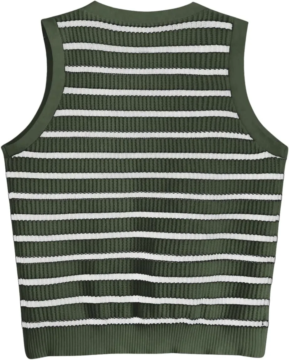 Verdusa Women's Sweater Vest Old Money Trendy Tops Striped Print Button Front Sleeveless Knit Sweaters