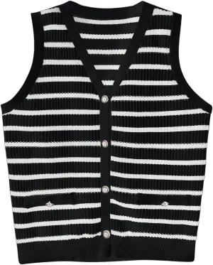 Verdusa Women's Sweater Vest Old Money Trendy Tops Striped Print Button Front Sleeveless Knit Sweaters