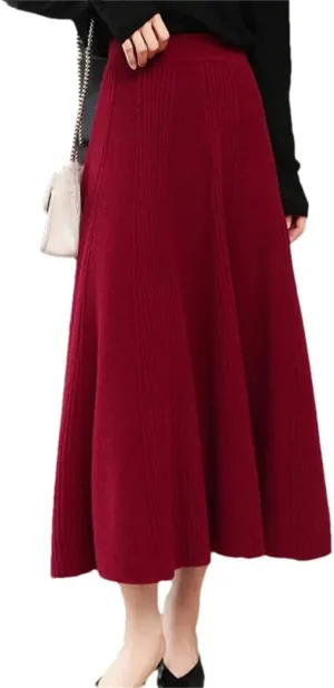 Vsadsau Women's Wool Knitted Pleated Skirt Solid Color A-Line Elastic Waist Loose Midi Skirts 111 One Size#170