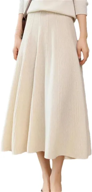Vsadsau Women's Wool Knitted Pleated Skirt Solid Color A-Line Elastic Waist Loose Midi Skirts Beige One Size#170