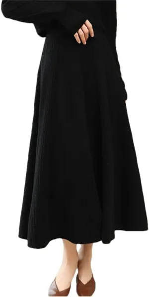 Vsadsau Women's Wool Knitted Pleated Skirt Solid Color A-Line Elastic Waist Loose Midi Skirts Black One Size#176