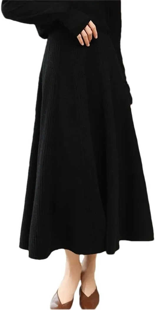 Vsadsau Women's Wool Knitted Pleated Skirt Solid Color A-Line Elastic Waist Loose Midi Skirts Black One Size#176