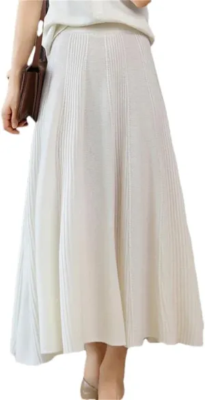 Vsadsau Women's Wool Knitted Pleated Skirt Solid Color A-Line Elastic Waist Loose Midi Skirts One Size#158