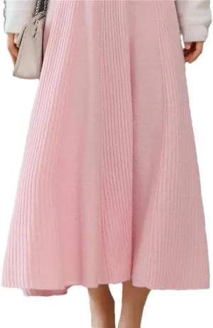 Vsadsau Women's Wool Knitted Pleated Skirt Solid Color A-Line Elastic Waist Loose Midi Skirts pnnrk One Size#176