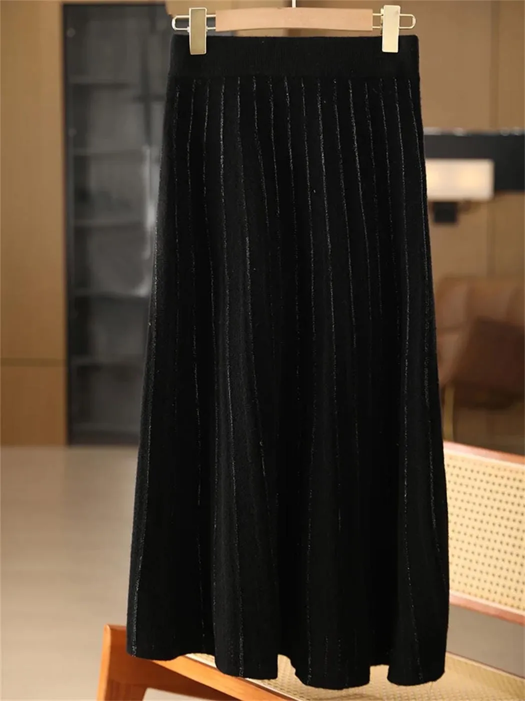 Vsadsau Women's Wool Knitted Pleated Skirt Stretch High Waisted Loose A-Line Work Office Midi Skirts