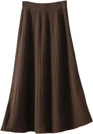 Vsadsau Women's Wool Pleated Knitted Skirt Elastic Waist A Line Solid Color Loose Midi Skirts