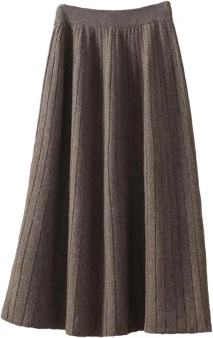 Vsadsau Women's Wool Pleated Knitted Skirt Elastic Waist A Line Solid Color Loose Midi Skirts