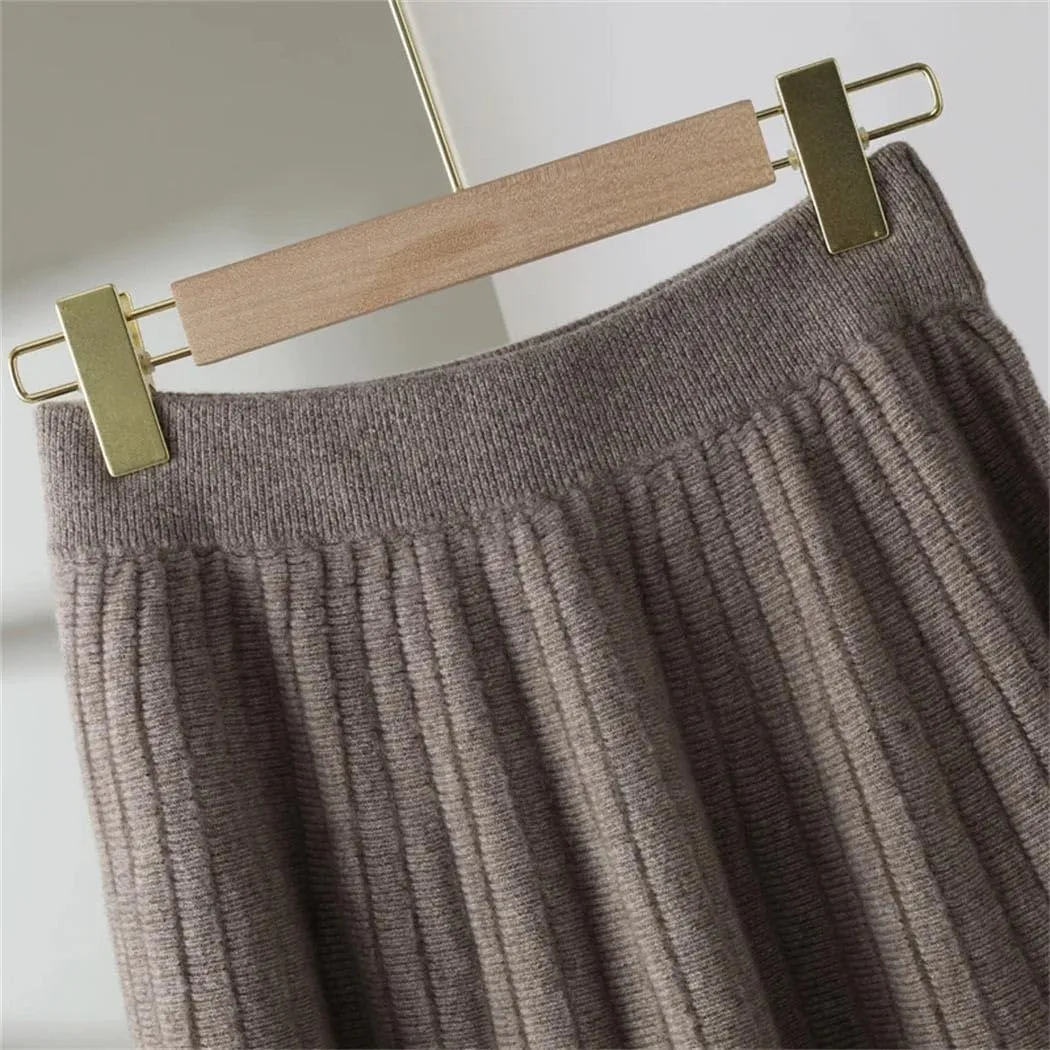 Vsadsau Women's Wool Pleated Knitted Skirt Elastic Waist A Line Solid Color Loose Midi Skirts