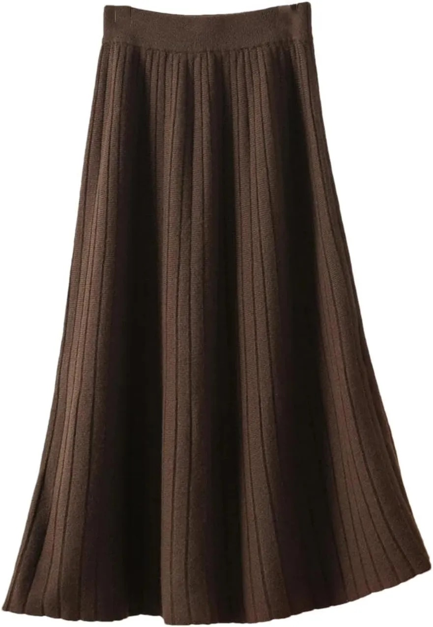 Vsadsau Women's Wool Pleated Knitted Skirt Elastic Waist A Line Solid Color Loose Midi Skirts