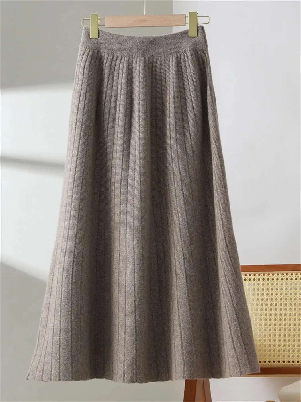 Vsadsau Women's Wool Pleated Knitted Skirt Elastic Waist A Line Solid Color Loose Midi Skirts