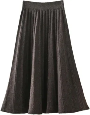 Vsadsau Women's Wool Pleated Knitted Skirt Elastic Waist A Line Solid Color Loose Midi Skirts