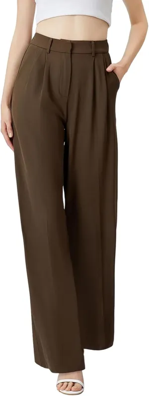 Wide Leg Pants for Women | High Waisted Trousers with Pockets | Comfortable Work Pants for Women | Business Casual Pants for Women | Women's Pants and Sizes Brown Summer