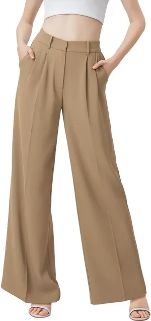 Wide Leg Pants | High Waisted Troubleux with Pockets | Comfortable Work & Business Casual Trousers | Khaki Summer Sizes