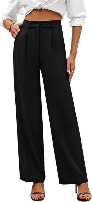Wide Leg Pants | High Waisted Trousers with Pockets | Comfortable Work Pants | Business Casual Pants - Women's Pants in Black, X-Large Long