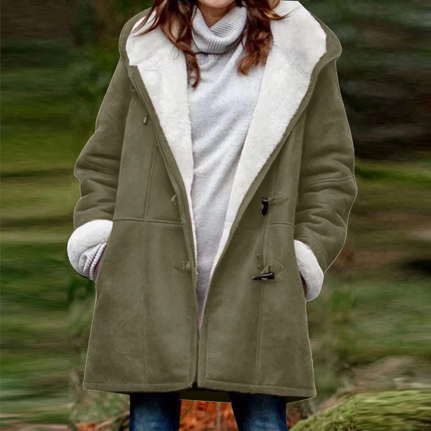Winter Jackets for Women Sherpa Lined Jacket Women Duffle Toggle Coat Hooded Fleece Jacket Loose Fit Warm Coats