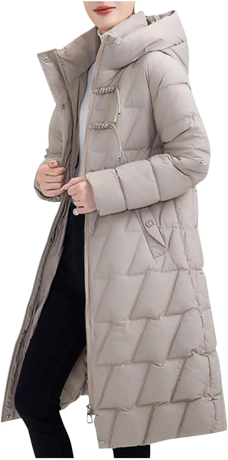 Winter Long Puffer Jacket For Women Long Sleeve Thickened Warm Zip Up Quilted Jacket Casual Baggy Down Coat With Hood