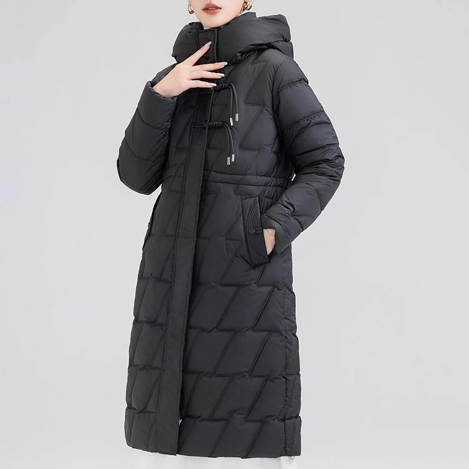 Winter Long Puffer Jacket For Women Long Sleeve Thickened Warm Zip Up Quilted Jacket Casual Baggy Down Coat With Hood