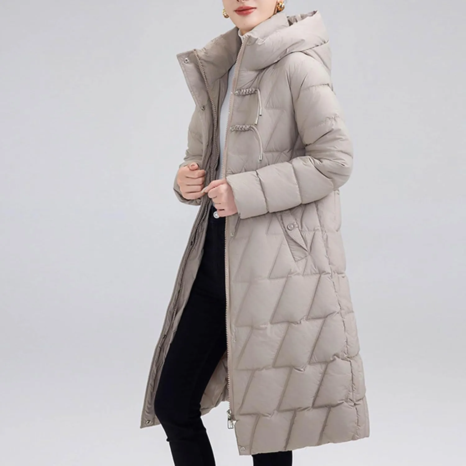Winter Long Puffer Jacket For Women Long Sleeve Thickened Warm Zip Up Quilted Jacket Casual Baggy Down Coat With Hood