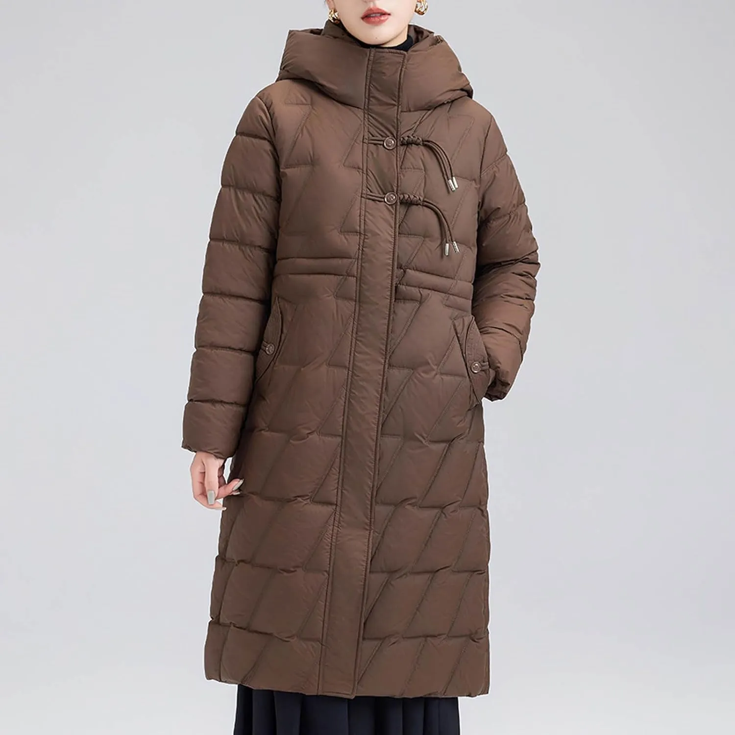 Winter Long Puffer Jacket For Women Long Sleeve Thickened Warm Zip Up Quilted Jacket Casual Baggy Down Coat With Hood