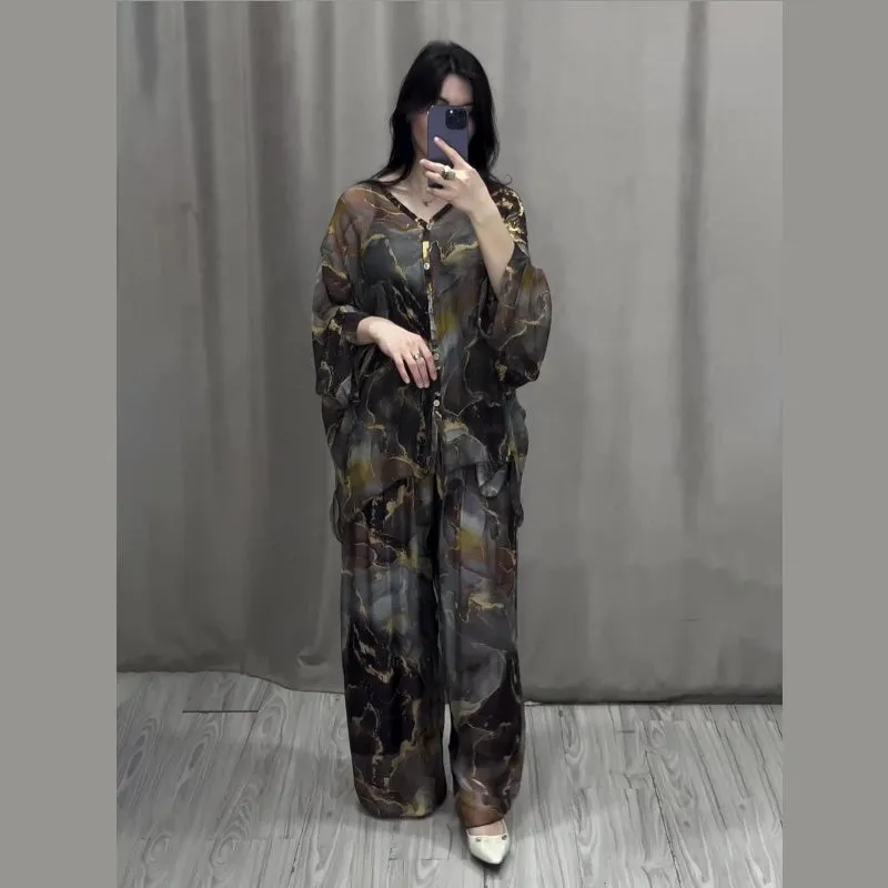 💃Women 2 Piece Outfits Elegant Printed Top Loose Wide Leg Pants