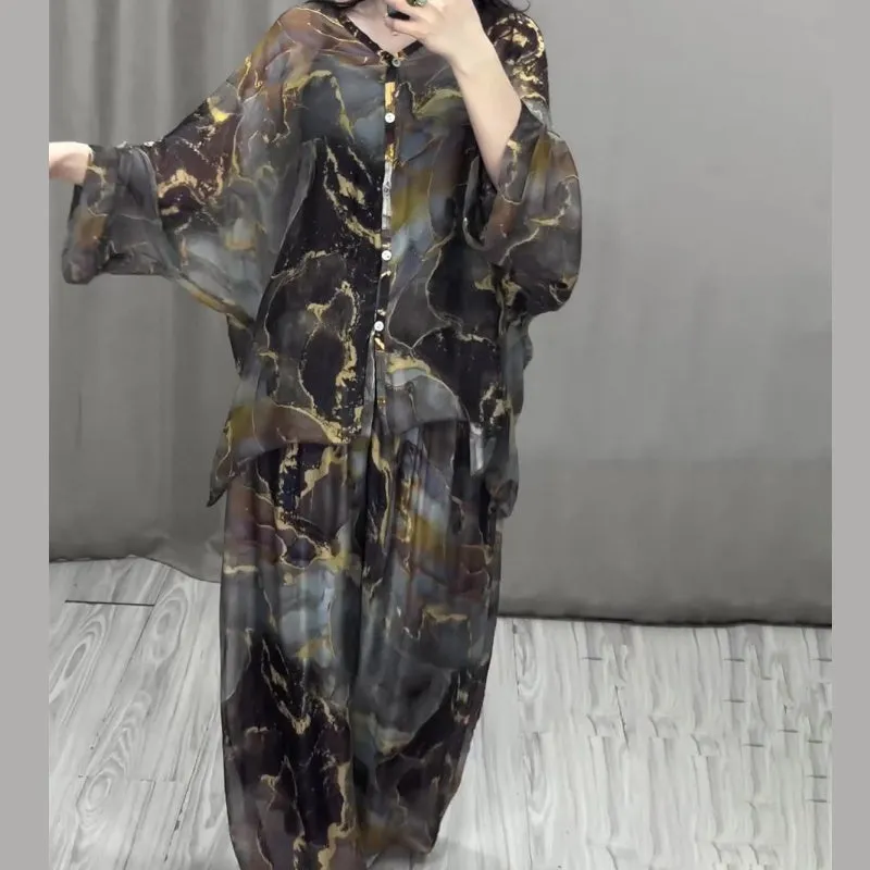 💃Women 2 Piece Outfits Elegant Printed Top Loose Wide Leg Pants