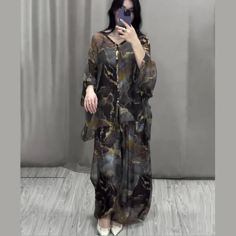 💃Women 2 Piece Outfits Elegant Printed Top Loose Wide Leg Pants