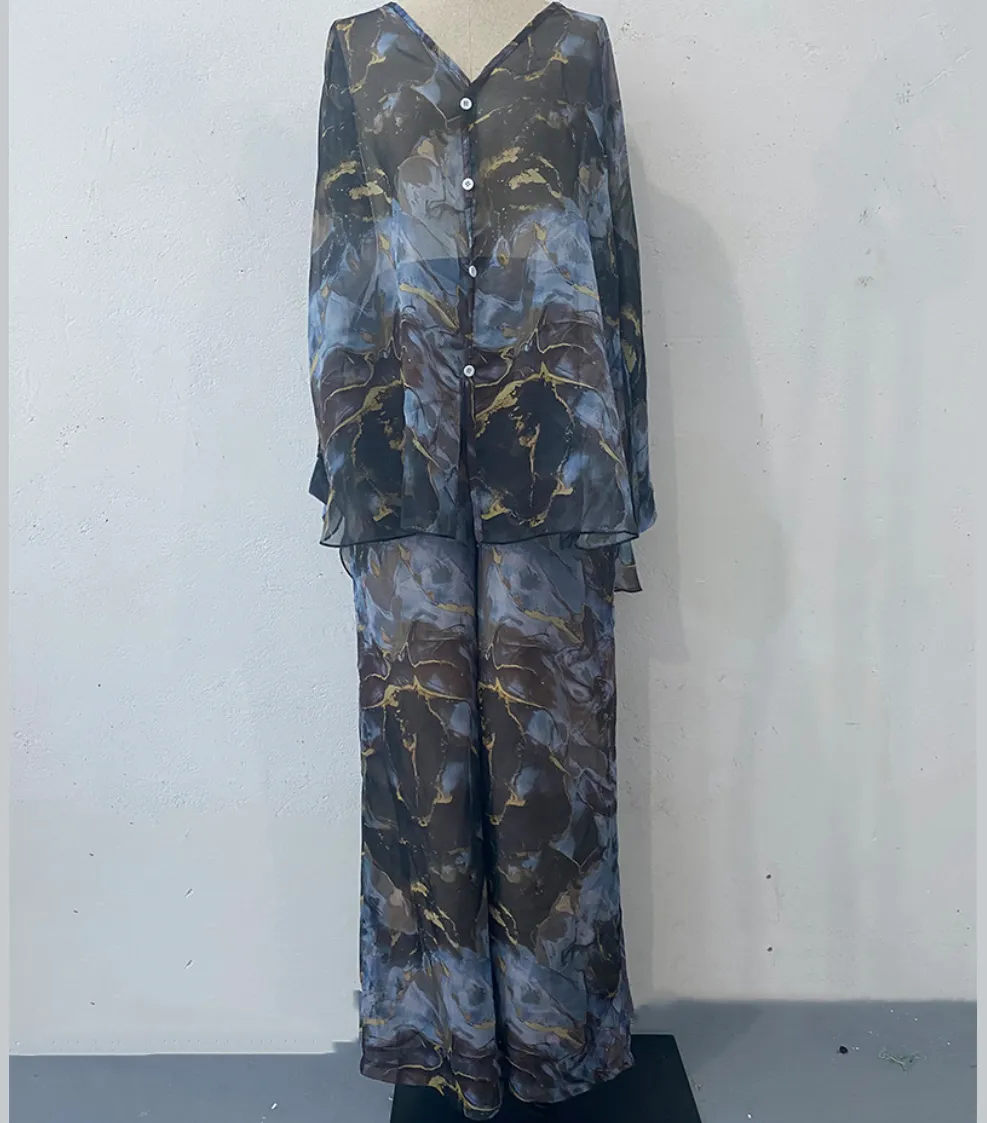 💃Women 2 Piece Outfits Elegant Printed Top Loose Wide Leg Pants