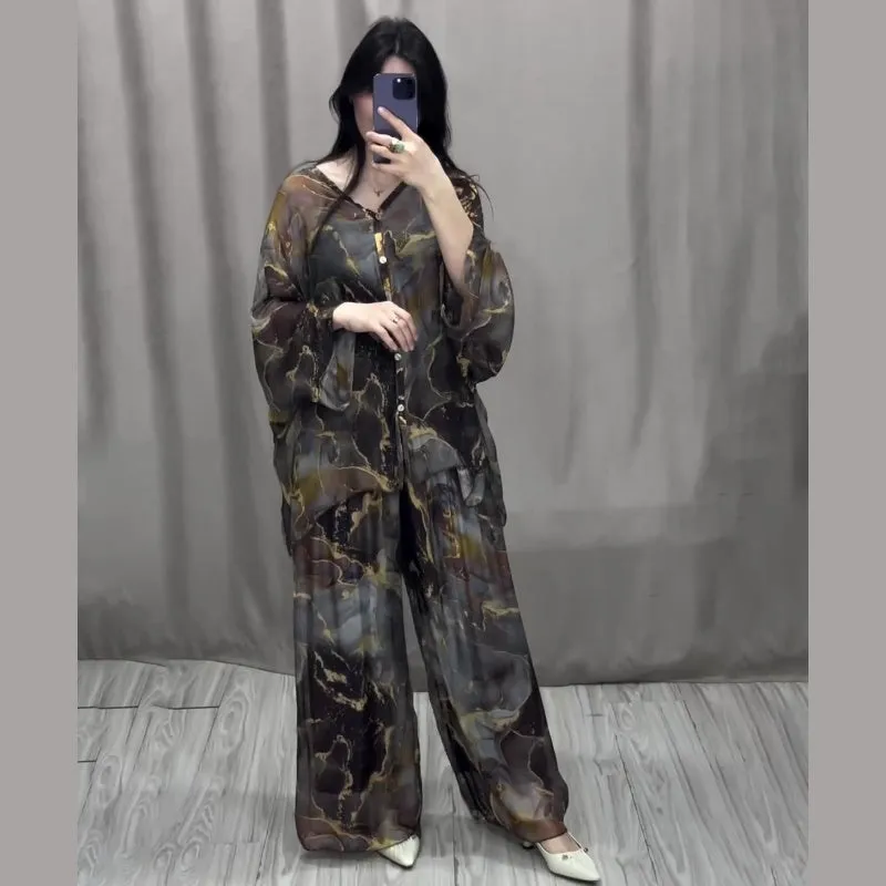 💃Women 2 Piece Outfits Elegant Printed Top Loose Wide Leg Pants