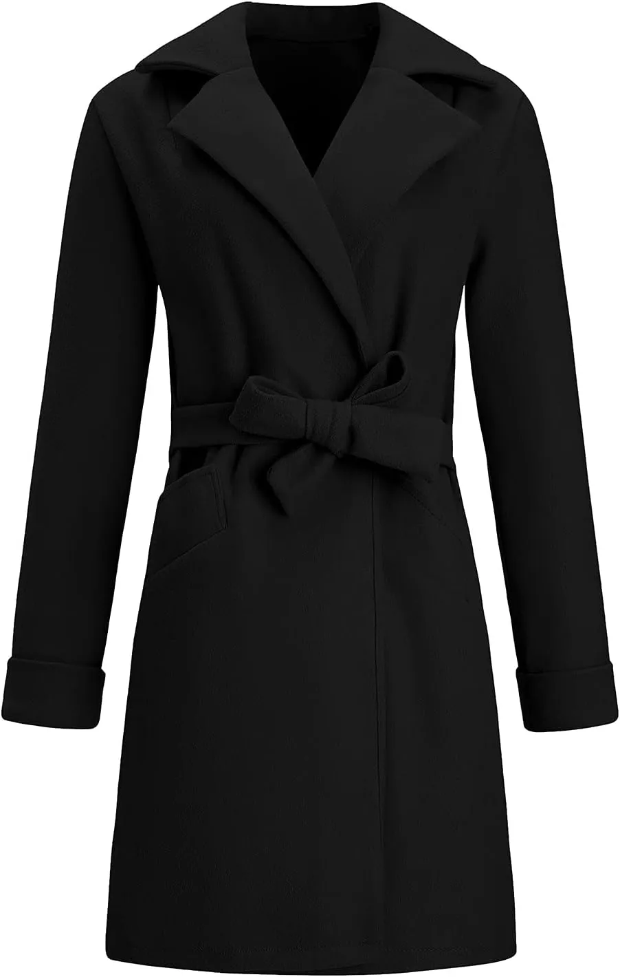 Women 2024 Fall Winter Pea Coats Notched Lapel Slim Fit Mid-Long Overcoats Long Sleeve Elegant Belted Trench Coat