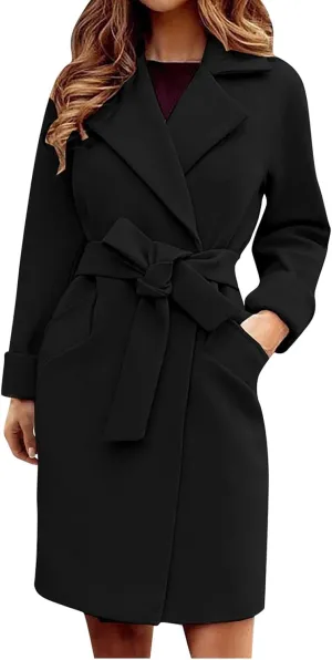 Women 2024 Fall Winter Pea Coats Notched Lapel Slim Fit Mid-Long Overcoats Long Sleeve Elegant Belted Trench Coat
