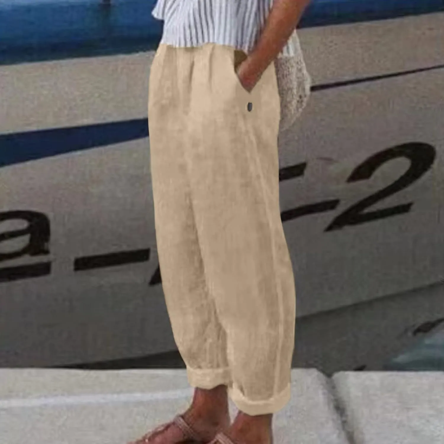 Women Casual Pants Fashion High Elastic Waisted Long Trousers Plus Size Comfortable Ankle Length Pants with Pockets