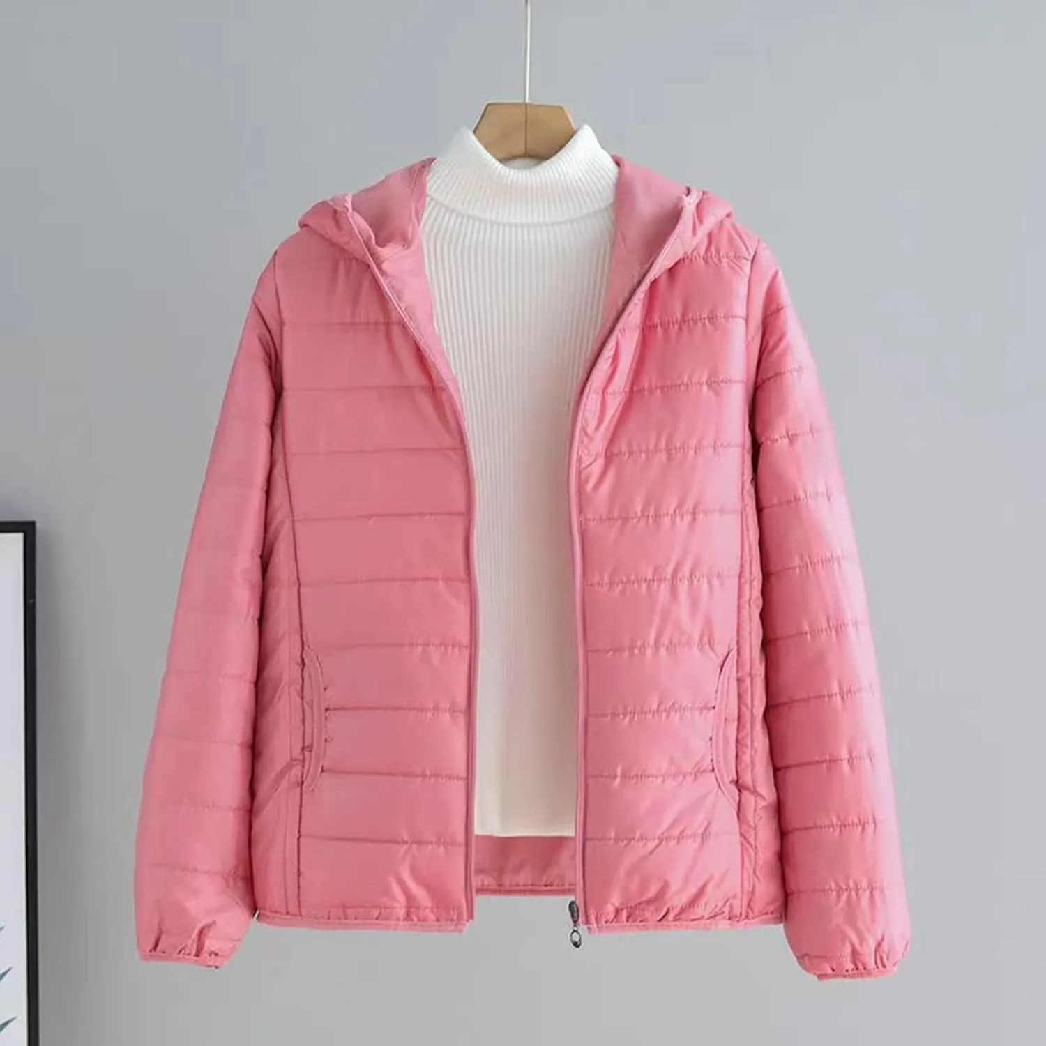 Women Down Jacket Lightweight Padded Quilted Jackets Fall Full Zip Cotton Coats Casual Warm Insulated Hooded Outwear