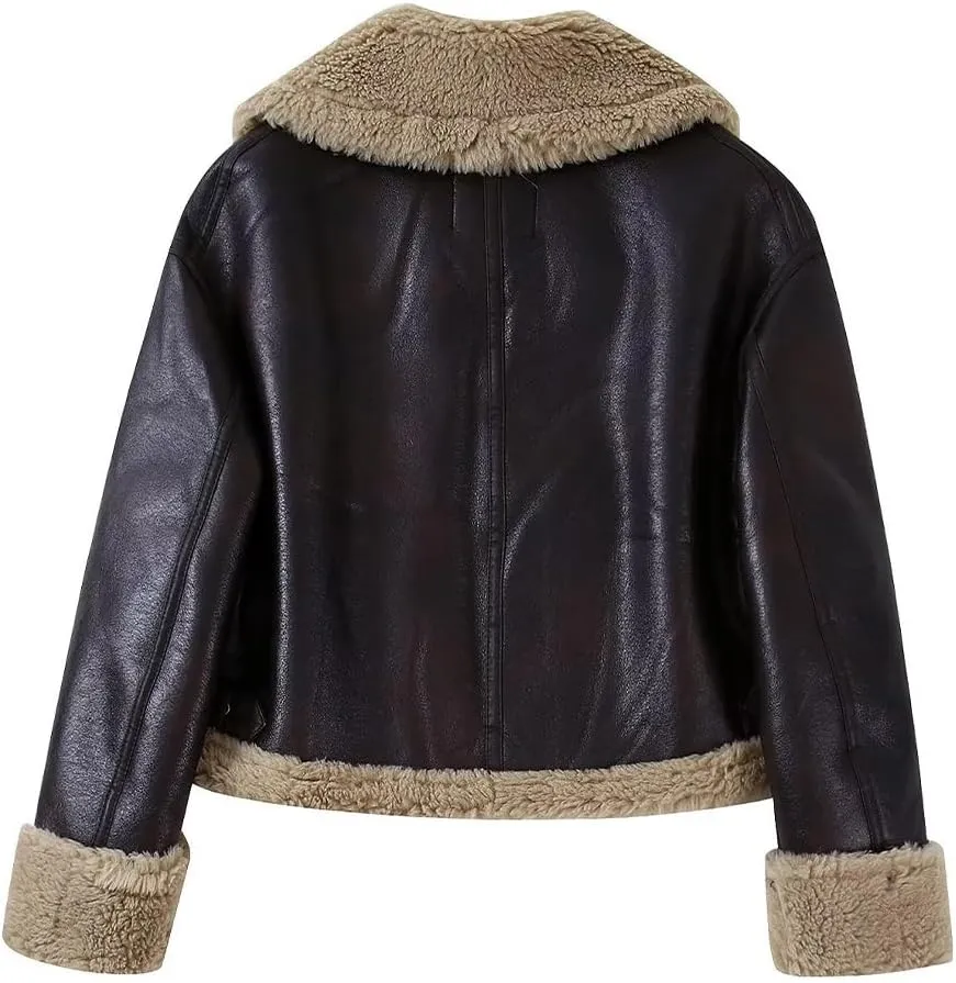 Women Faux Leather Jacket Faux Fur Lining Warm Sherpa Cropped Short Trucker Coat