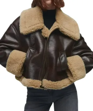 Women Faux Leather Jacket Faux Fur Lining Warm Sherpa Cropped Short Trucker Coat