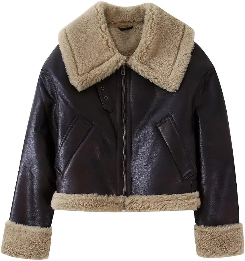 Women Faux Leather Jacket Faux Fur Lining Warm Sherpa Cropped Short Trucker Coat