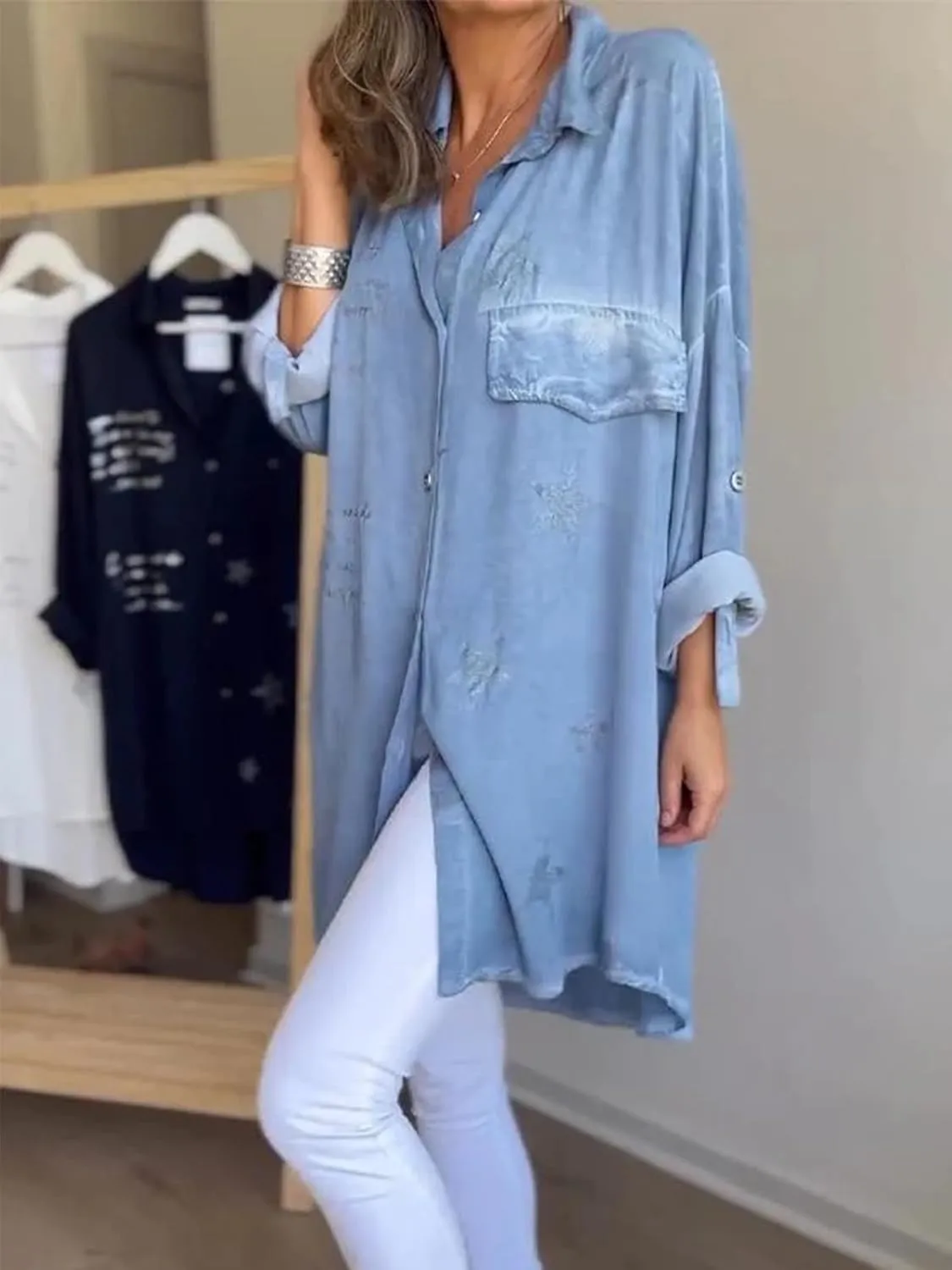 Women Long Denim Jacket Long Sleeve Trench Coat Button Down Casual Lightweight Outfits Coat