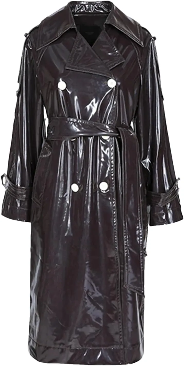 Women Long Waterproof Black Patent Leather Trench Double Breasted Iridescent Oversized Leather Coat