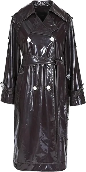 Women Long Waterproof Black Patent Leather Trench Double Breasted Iridescent Oversized Leather Coat
