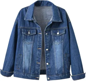 Women Loose Fit Denim Jacket Short Coat Casual Tops Loose Button Up Jackets