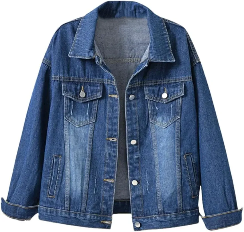 Women Loose Fit Denim Jacket Short Coat Casual Tops Loose Button Up Jackets